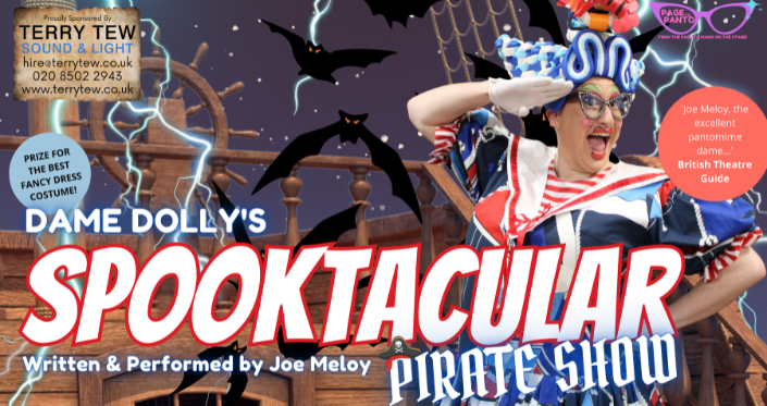 Dame Dolly salutes onboard a spooky pirate ship, with bats and a storm brewing
